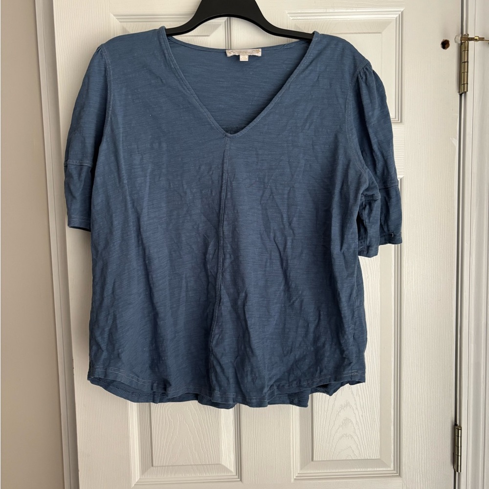Suzanne Betro Slate Blue V-Neck Short Sleeve Top